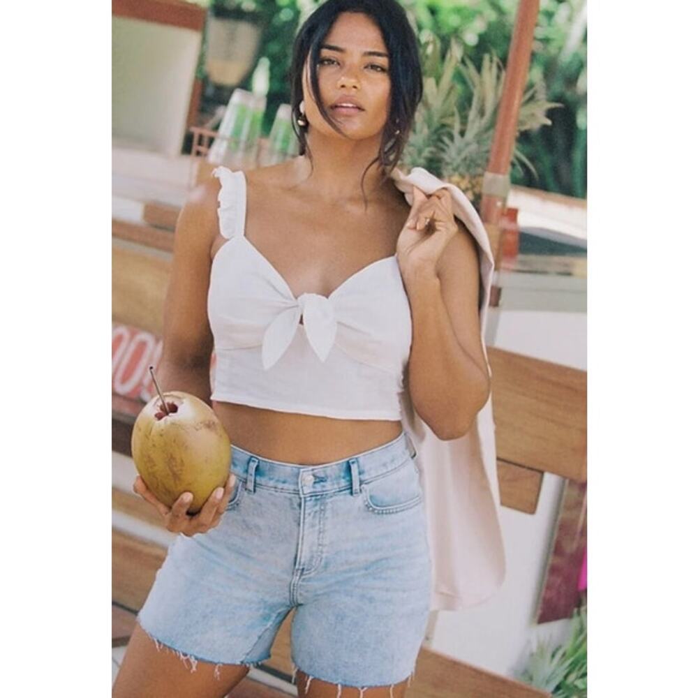 NWOT Womens Express Ruffle Tie Front White Linen Crop Top Size Large